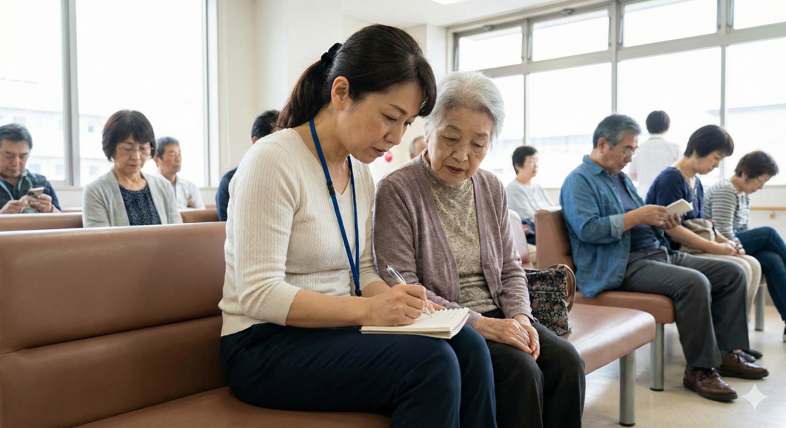 待合室でメモを準備する家族
